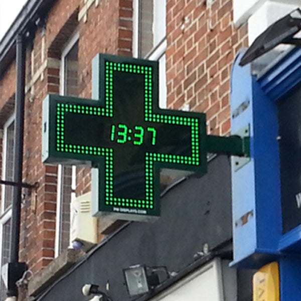 LED Pharmacy Cross with Time & Temperature display (80 x 80cm) Double sided